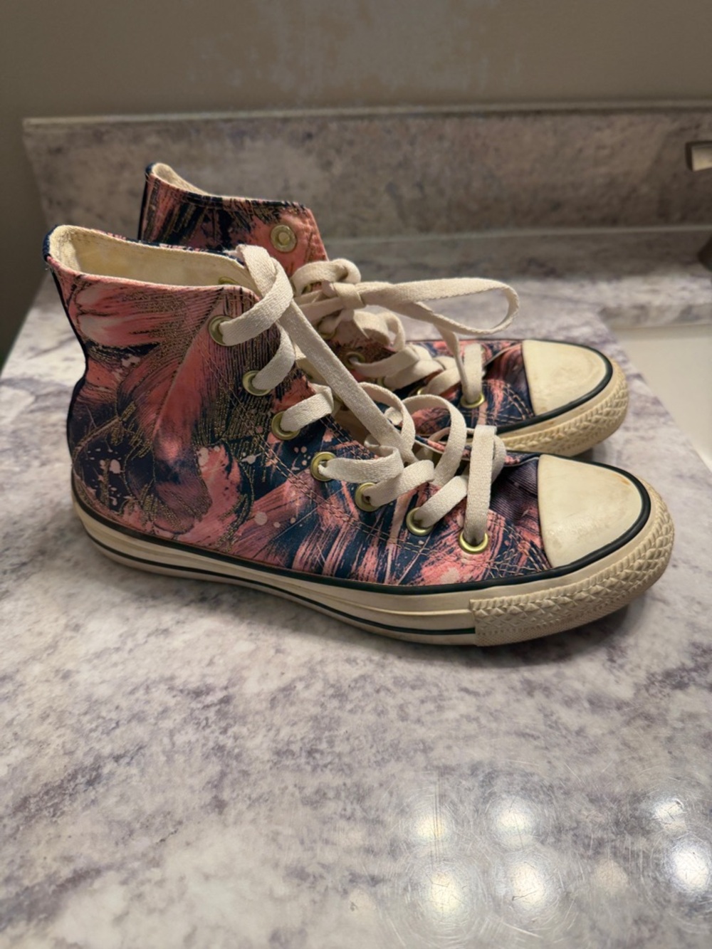 Converse High-Top Canvas Sneakers in Pink & Navy Pattern